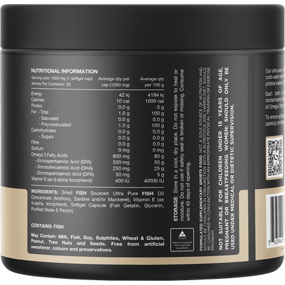 Back of a Switch Nutrition Ultra Fish Oil tub showing nutritional information and ingredients on a white background.