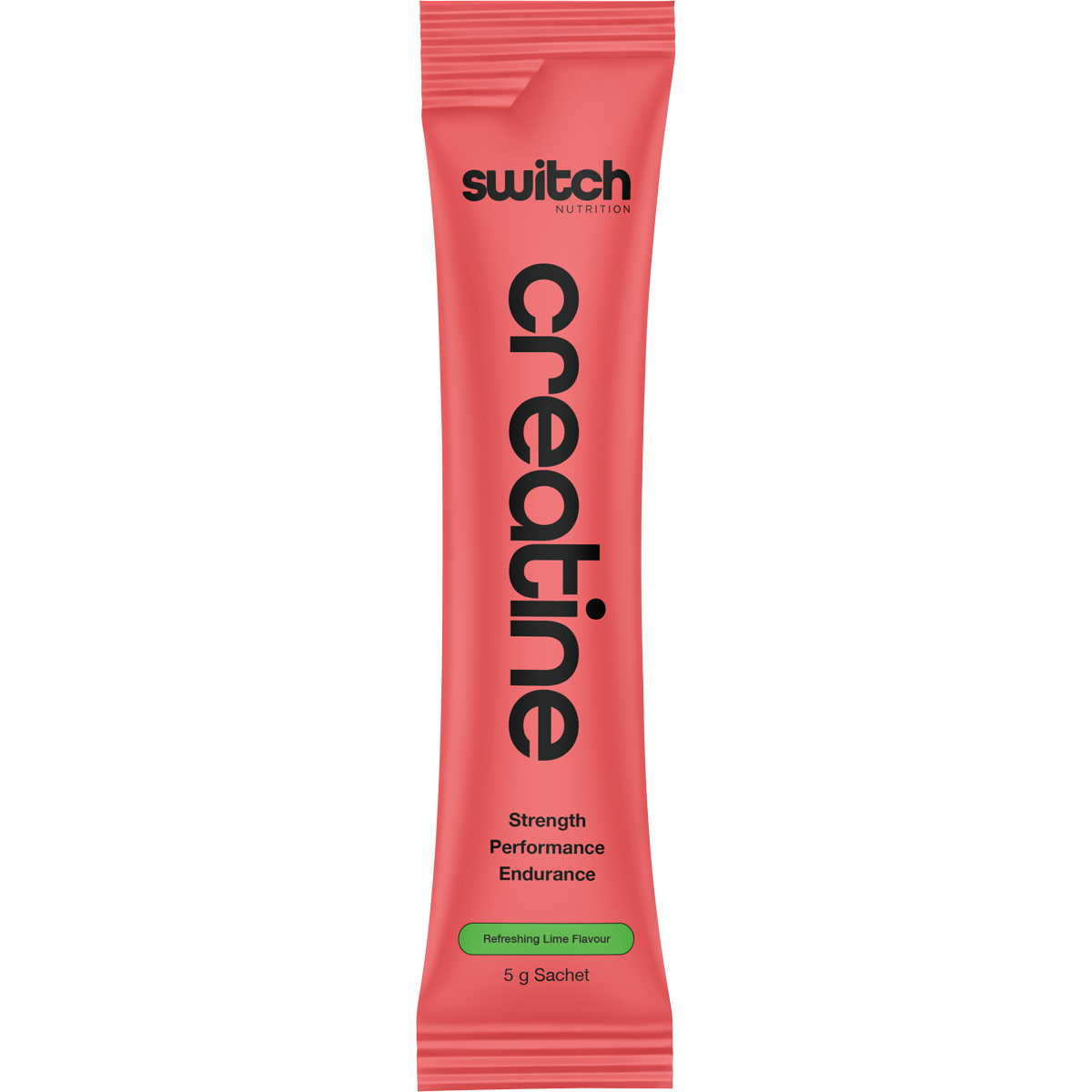 Single 5g sachet of Switch Nutrition Creatine Monohydrate Refreshing Lime flavor on a white background.