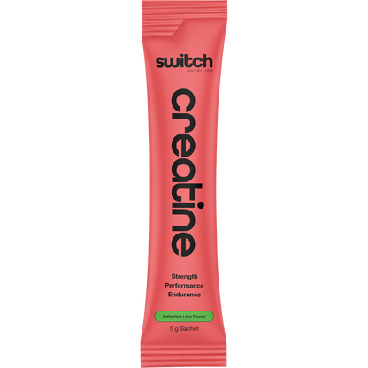 Single 5g sachet of Switch Nutrition Creatine Monohydrate Refreshing Lime flavor on a white background.