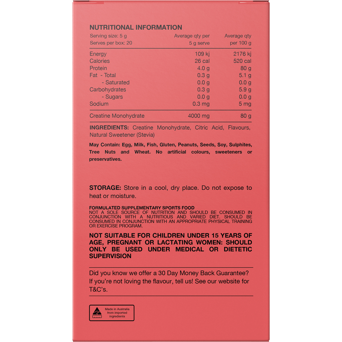 Back of a Switch Nutrition Refreshing Lime Creatine sachet with ingredients, directions, and nutritional information.
