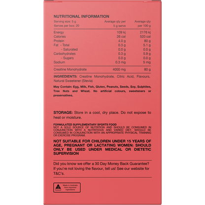 Back of a Switch Nutrition Refreshing Lime Creatine sachet with ingredients, directions, and nutritional information.