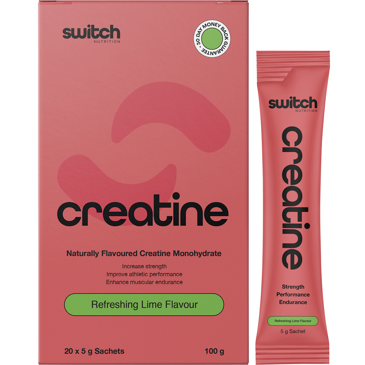 Box of 20 Refreshing Lime Creatine Monohydrate sachets and a single 5g sachet by Switch Nutrition.