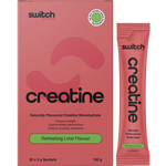 Box of 20 Refreshing Lime Creatine Monohydrate sachets and a single 5g sachet by Switch Nutrition.