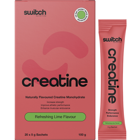 Box of 20 Refreshing Lime Creatine Monohydrate sachets and a single 5g sachet by Switch Nutrition.
