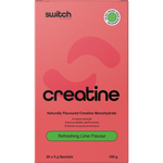 Single 5g sachet of Switch Nutrition Creatine Monohydrate in Refreshing Lime flavor on a white background.
