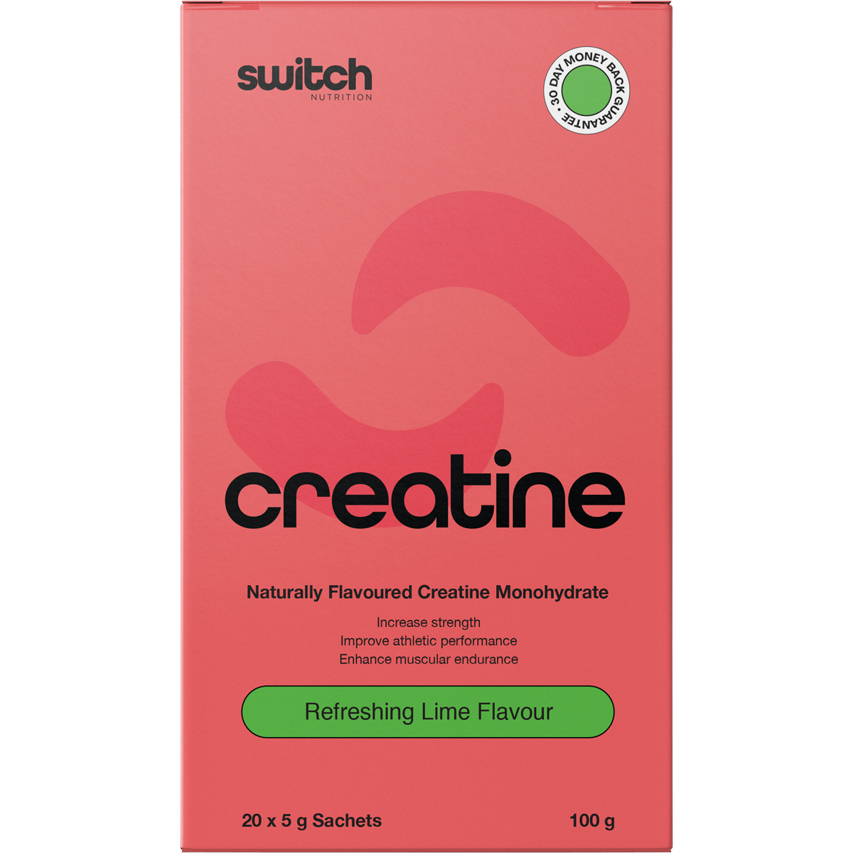 Single 5g sachet of Switch Nutrition Creatine Monohydrate in Refreshing Lime flavor on a white background.