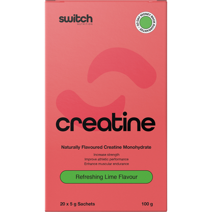 Single 5g sachet of Switch Nutrition Creatine Monohydrate in Refreshing Lime flavor on a white background.