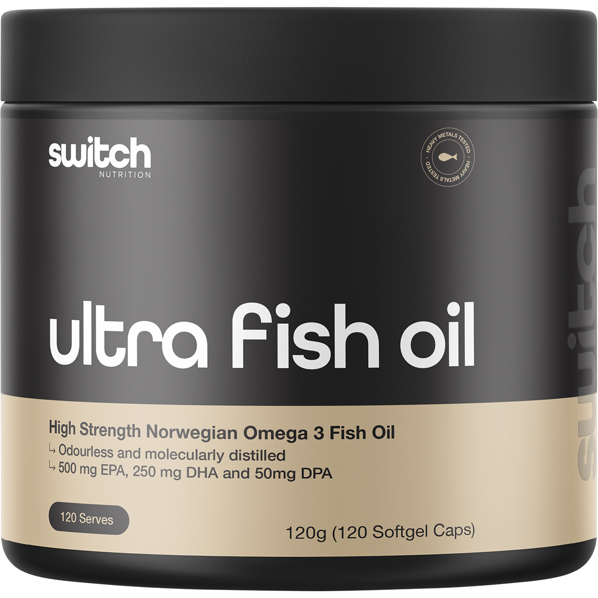Bottle of Switch Nutrition Ultra Fish Oil with 120 high strength Norwegian Omega 3 capsules on a white background.