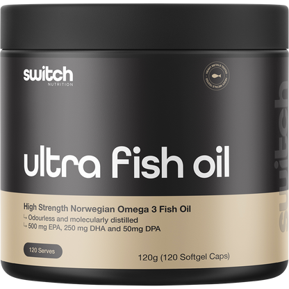 Bottle of Switch Nutrition Ultra Fish Oil with 120 high strength Norwegian Omega 3 capsules on a white background.