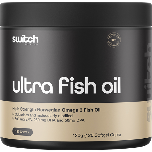 Bottle of Switch Nutrition Ultra Fish Oil with 120 high strength Norwegian Omega 3 capsules on a white background.