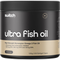 Bottle of Switch Nutrition Ultra Fish Oil with 120 high strength Norwegian Omega 3 capsules on a white background.