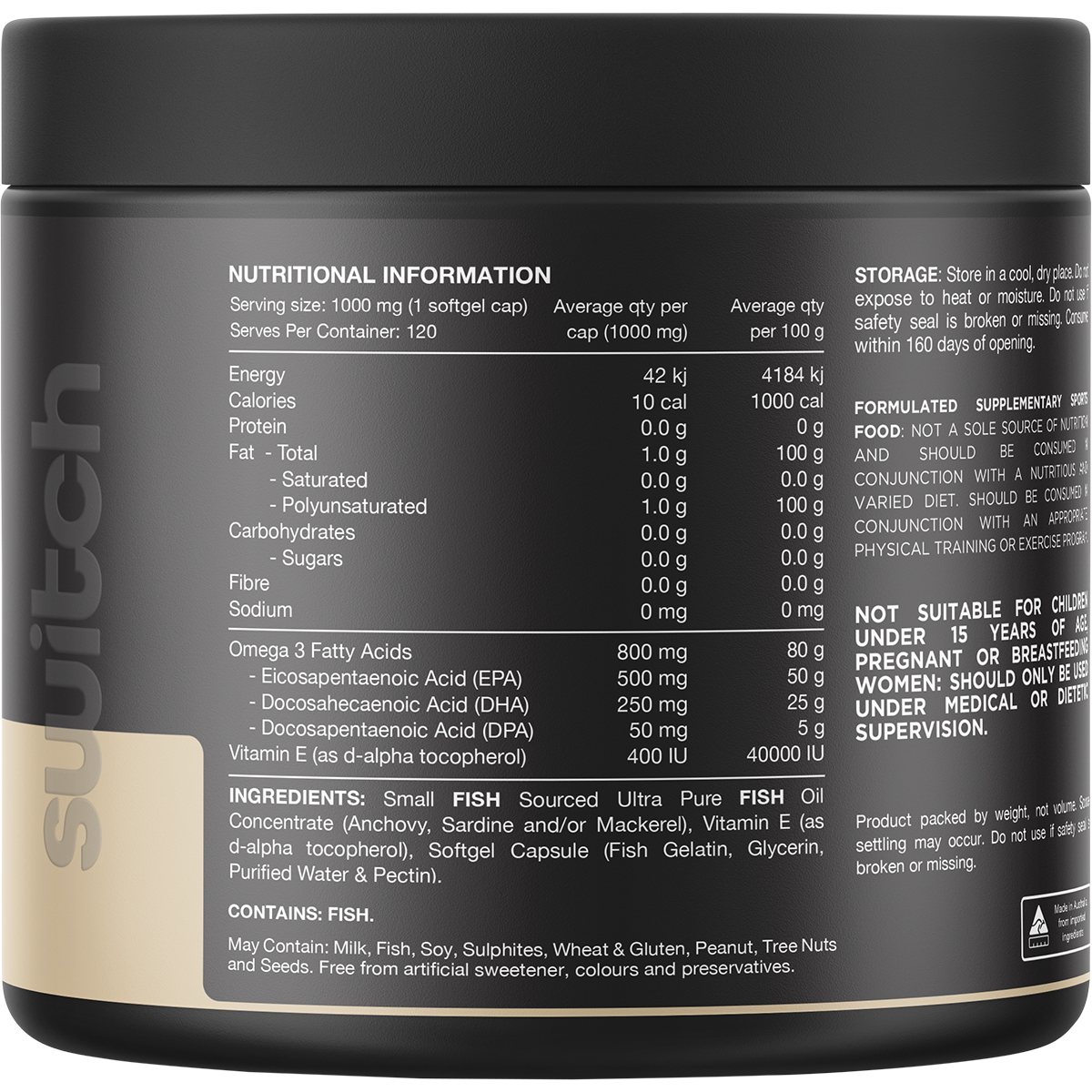 Back of Switch Nutrition Ultra Fish Oil bottle showing nutritional information and ingredients on a white background.