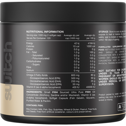 Back of Switch Nutrition Ultra Fish Oil bottle showing nutritional information and ingredients on a white background.