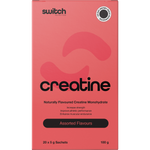 Box of 20 assorted Switch Nutrition flavoured creatine monohydrate 5g stick sachets in mango, raspberry, and lime.