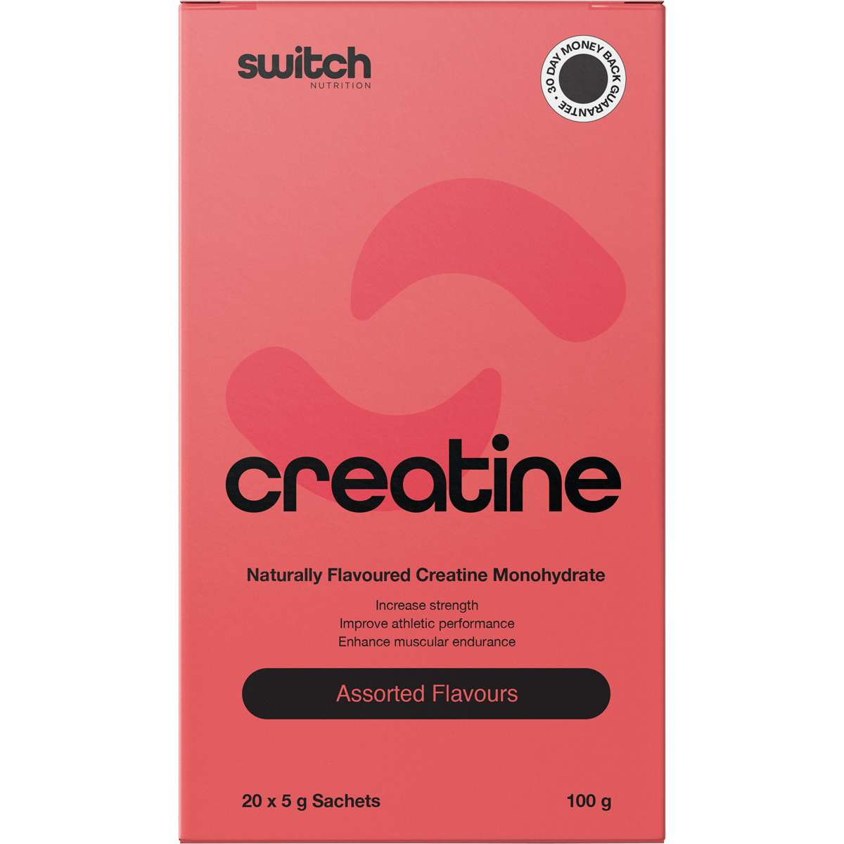 Box of 20 assorted Switch Nutrition flavoured creatine monohydrate 5g stick sachets in mango, raspberry, and lime.