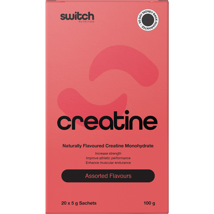 Box of 20 assorted Switch Nutrition flavoured creatine monohydrate 5g stick sachets in mango, raspberry, and lime.