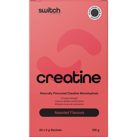 Box of 20 assorted Switch Nutrition flavoured creatine monohydrate 5g stick sachets in mango, raspberry, and lime.