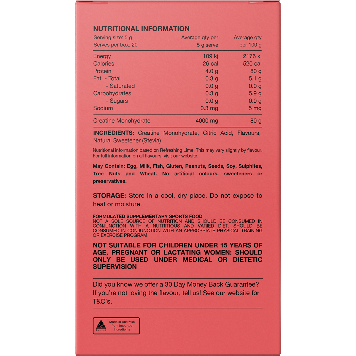 Back of a Switch Nutrition Creatine box showing nutritional information and directions for 20 assorted 5g stick sachets.