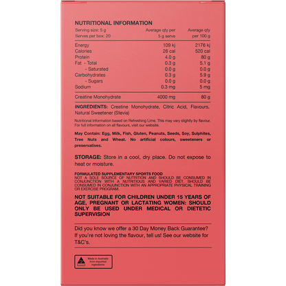 Back of a Switch Nutrition Creatine box showing nutritional information and directions for 20 assorted 5g stick sachets.