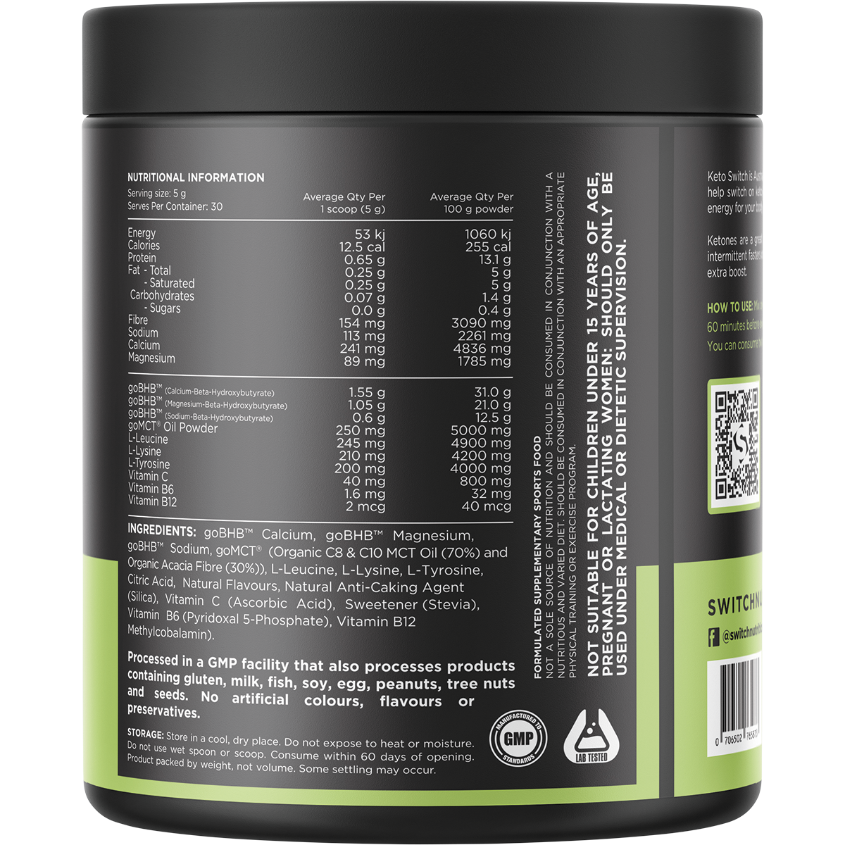 Back label of Switch Nutrition Keto BHB Raspberry 150g tub with nutritional info and directions for use.