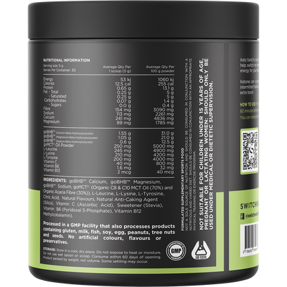 Back label of Switch Nutrition Keto BHB Raspberry 150g tub with nutritional info and directions for use.
