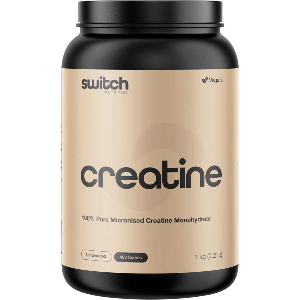 1kg tub of Switch Nutrition Creatine 100% Pure Micronized Monohydrate Unflavoured on a white background.