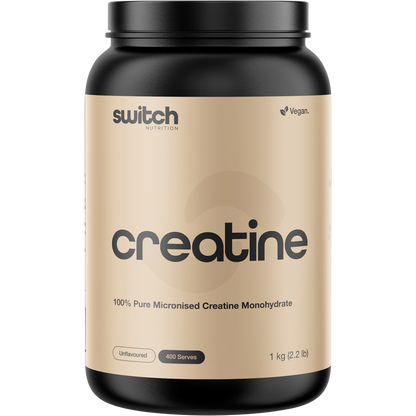 1kg tub of Switch Nutrition Creatine 100% Pure Micronized Monohydrate Unflavoured on a white background.