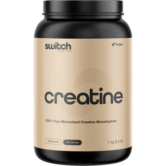 1kg tub of Switch Nutrition Creatine 100% Pure Micronized Monohydrate Unflavoured on a white background.