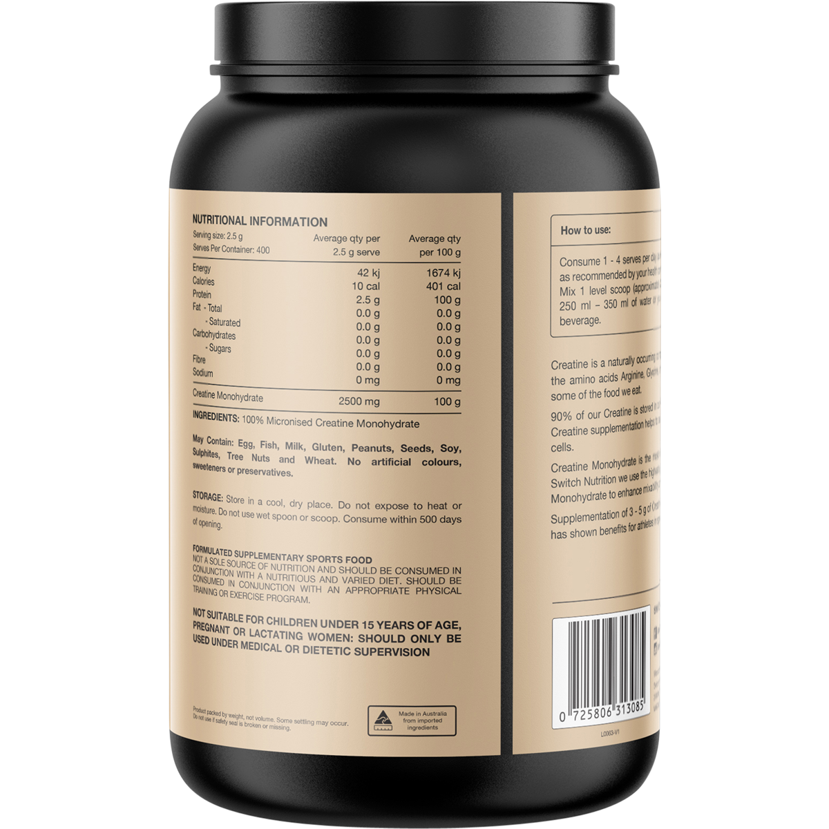 Back of 1kg Switch Nutrition Creatine tub with supplement facts, directions, and pure micronized monohydrate details.