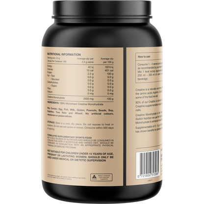 Back of 1kg Switch Nutrition Creatine tub with supplement facts, directions, and pure micronized monohydrate details.