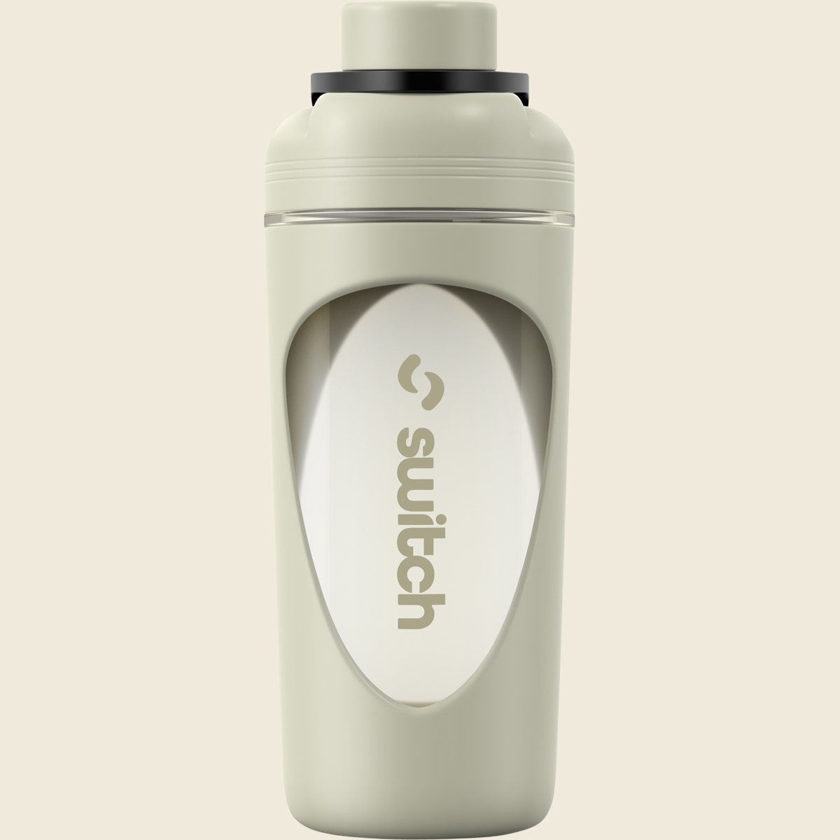 Sage green 800ml Switch Nutrition shaker bottle with a black lid, flip cap, and internal blender ball.