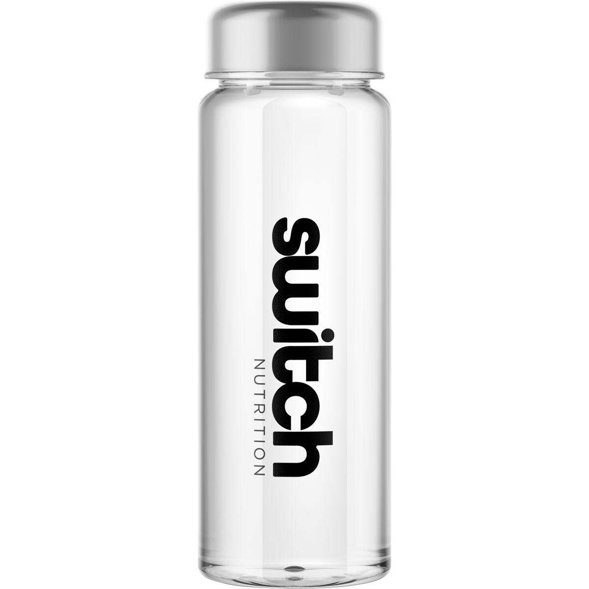 Clear 500ml Switch Nutrition acrylic water bottle with a black screw-top lid and flip-up drinking nozzle.