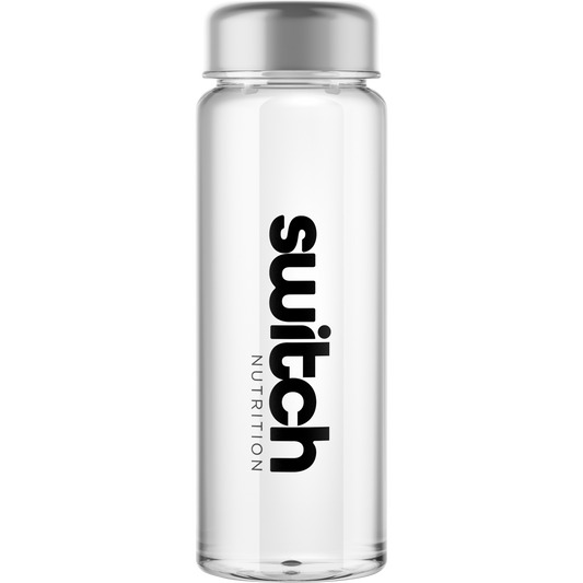 Clear 500ml Switch Nutrition acrylic water bottle with a black screw-top lid and flip-up drinking nozzle.