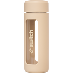 460ml glass water bottle with a beige silicone sleeve and built-in tea strainer shown on a white background.