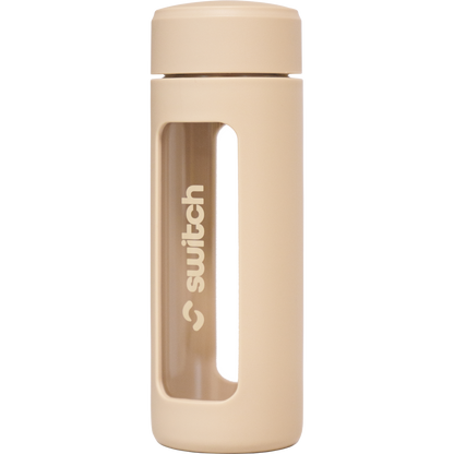 460ml glass water bottle with a beige silicone sleeve and built-in tea strainer shown on a white background.
