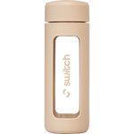 Switch Nutrition 460ml glass water bottle with a beige silicone sleeve and a built-in tea strainer.