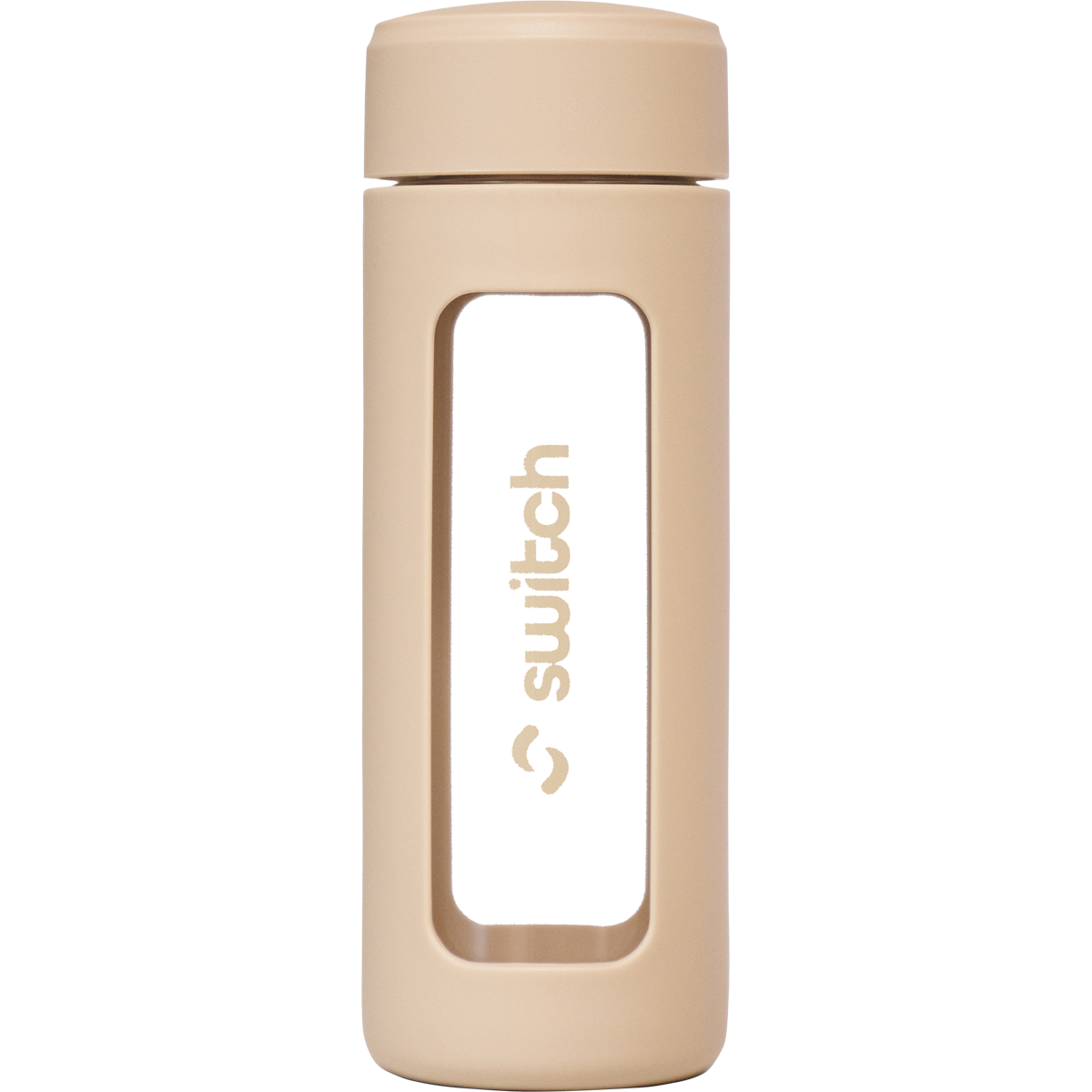 Switch Nutrition 460ml glass water bottle with a beige silicone sleeve and a built-in tea strainer.