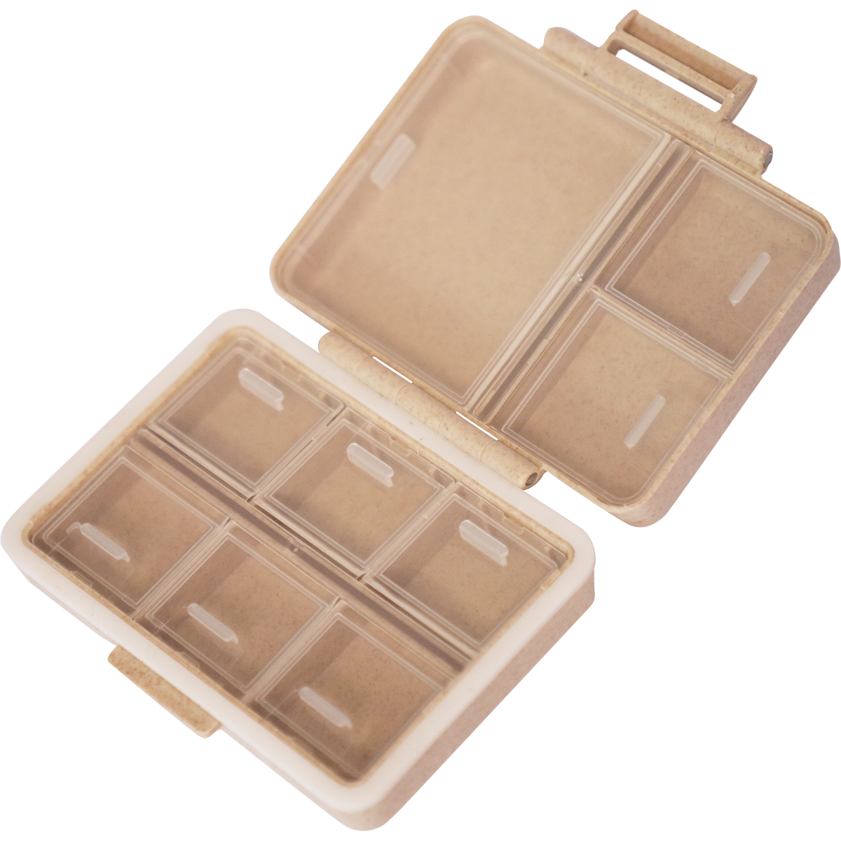 Open wheat-colored 9-grid pill organizer showing nine storage compartments for supplements.