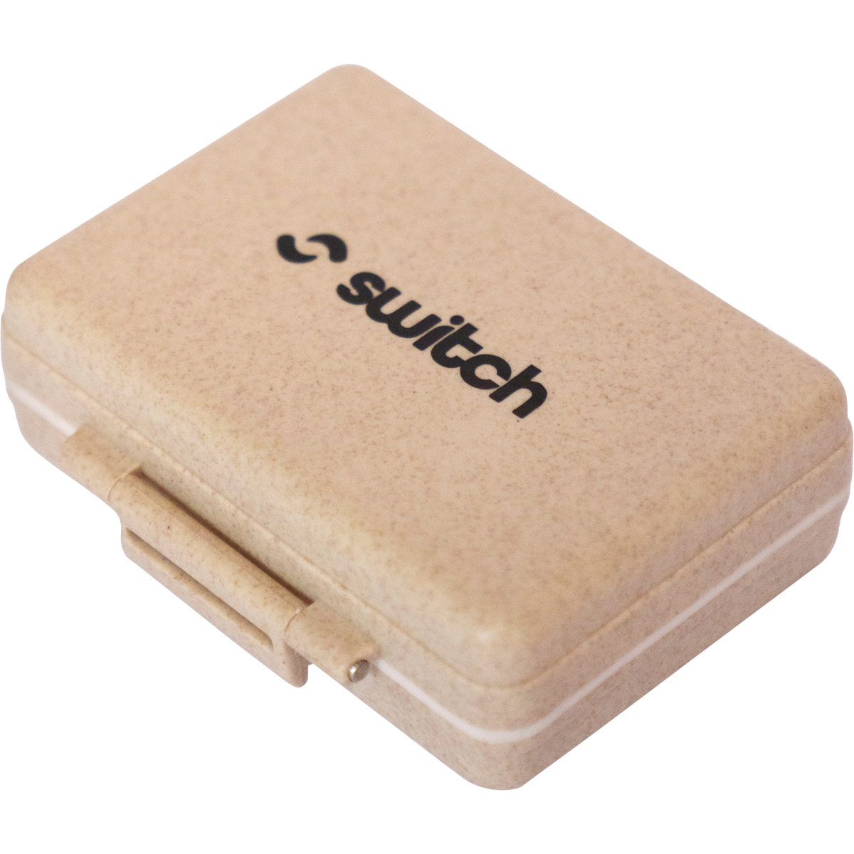 Wheat-colored 9-grid pill organizer with a black Switch Nutrition logo on the lid.