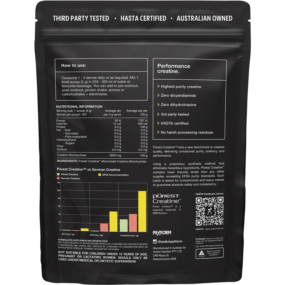 Back of Switch Nutrition Perform Purest Creatine Monohydrate 500g pouch showing nutrition facts and directions.