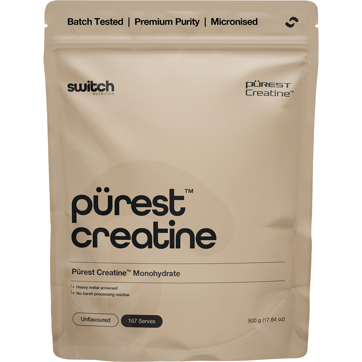 White tub of Switch Nutrition Purest Creatine Monohydrate 500g unflavoured micronised powder.
