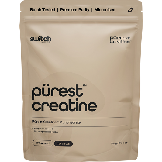 White tub of Switch Nutrition Purest Creatine Monohydrate 500g unflavoured micronised powder.