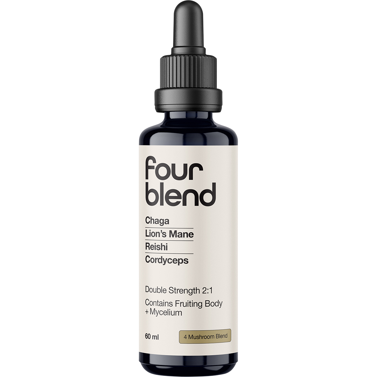 60ml amber glass bottle of Switch Nutrition Four Blend Mushroom Liquid Extract with a white label and black dropper cap.