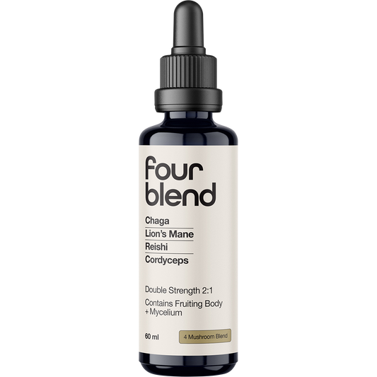 60ml amber glass bottle of Switch Nutrition Four Blend Mushroom Liquid Extract with a white label and black dropper cap.