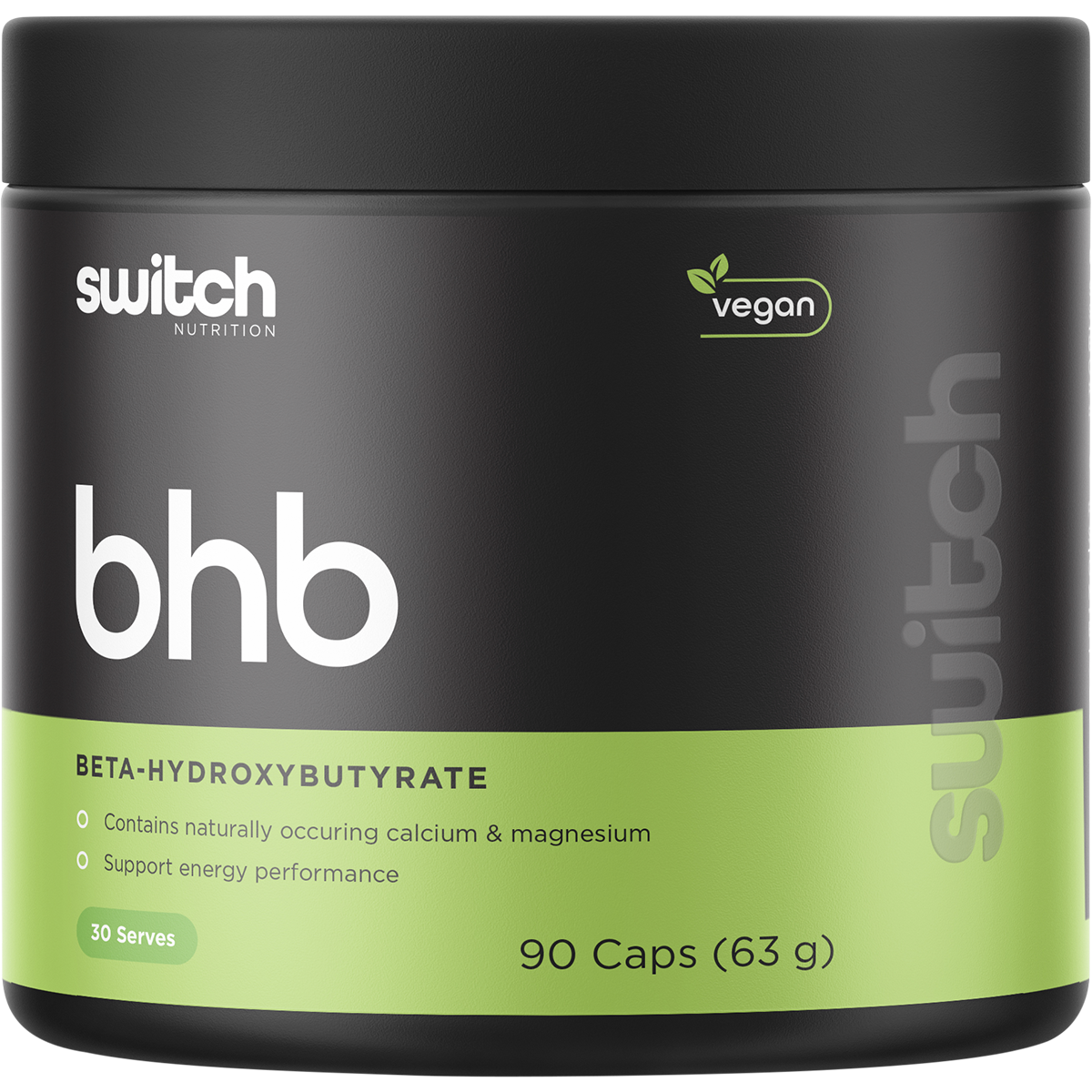 90 capsules of Switch Nutrition BHB Beta-Hydroxybutyrate exogenous ketones in a white and blue bottle.