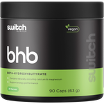 90 capsules of Switch Nutrition BHB Beta-Hydroxybutyrate exogenous ketones in a white and blue bottle.