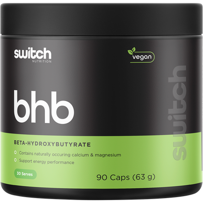 90 capsules of Switch Nutrition BHB Beta-Hydroxybutyrate exogenous ketones in a white and blue bottle.