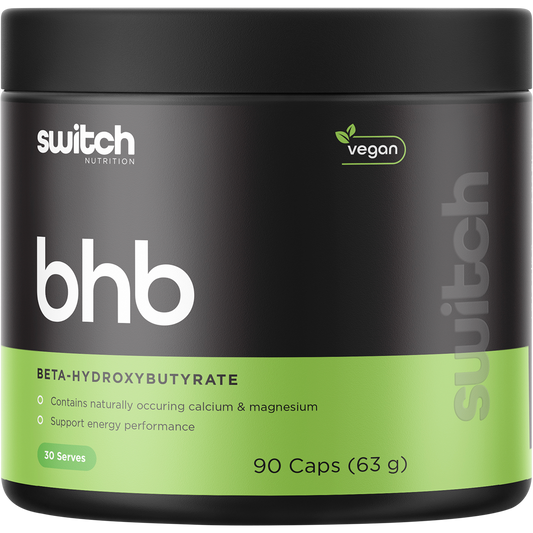 90 capsules of Switch Nutrition BHB Beta-Hydroxybutyrate exogenous ketones in a white and blue bottle.