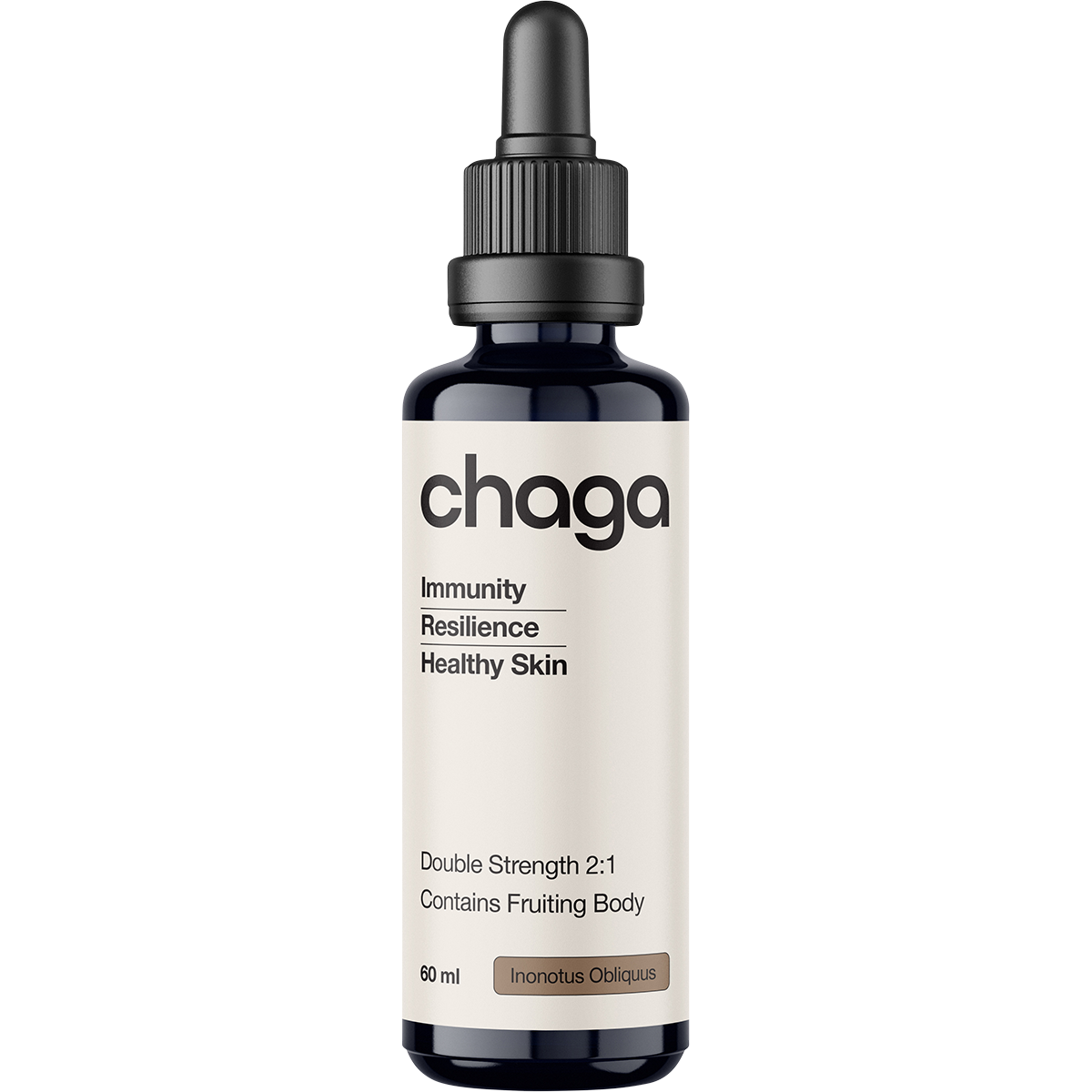 60ml glass bottle of Switch Nutrition Chaga liquid mushroom extract with a black dropper lid and orange and white label.