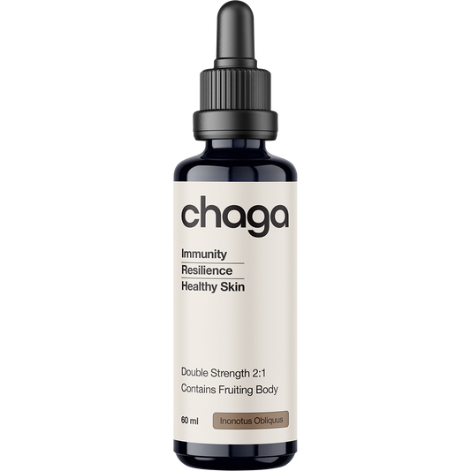 60ml glass bottle of Switch Nutrition Chaga liquid mushroom extract with a black dropper lid and orange and white label.